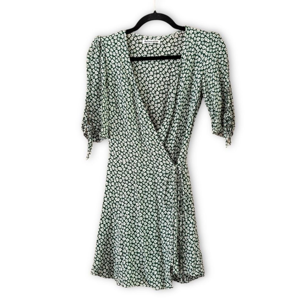 Reformation Venezuela Sammy Mini Wrap Dress Green Ditsy Floral Size Small